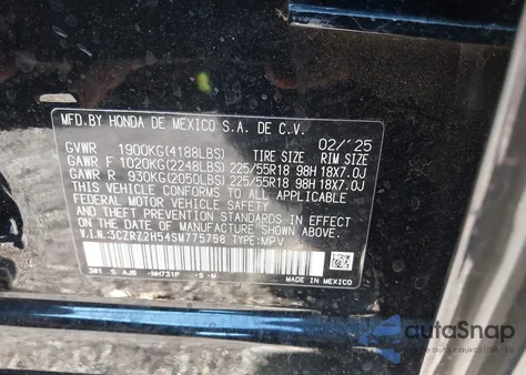 2025 Honda Hr-V Awd Sport z USA, uszkodzony, nr VIN 3CZRZ2H54SM775758